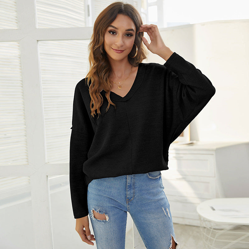 Loose V-neck Stitching Drop Shoulder Padded Sweater