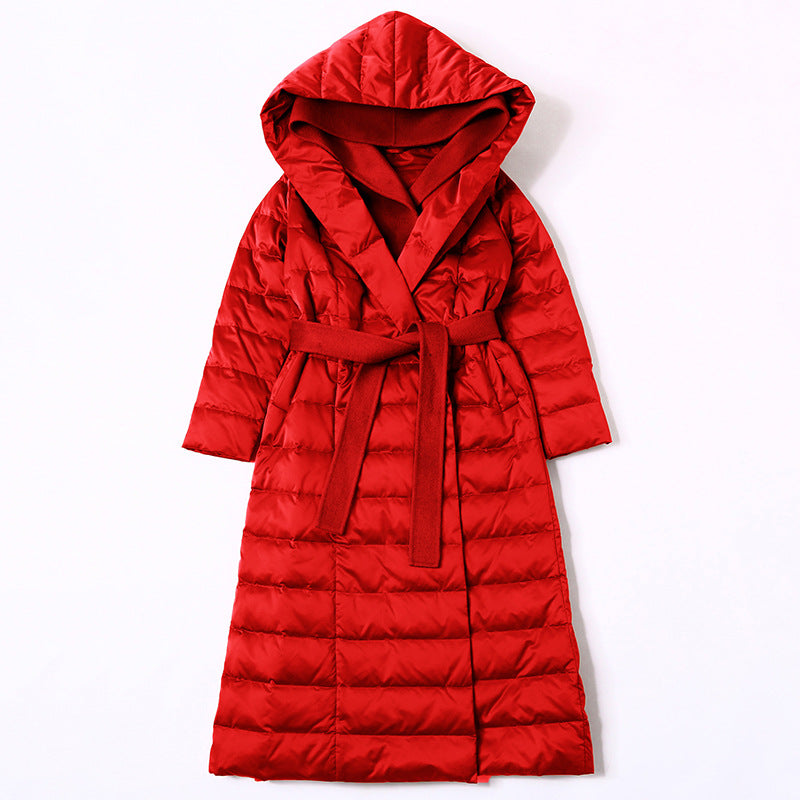 Knee High Lace Up Patchwork Hooded Down Jacket