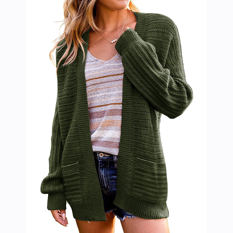 Lantern Sleeve Open Front Sweater w/Pockets