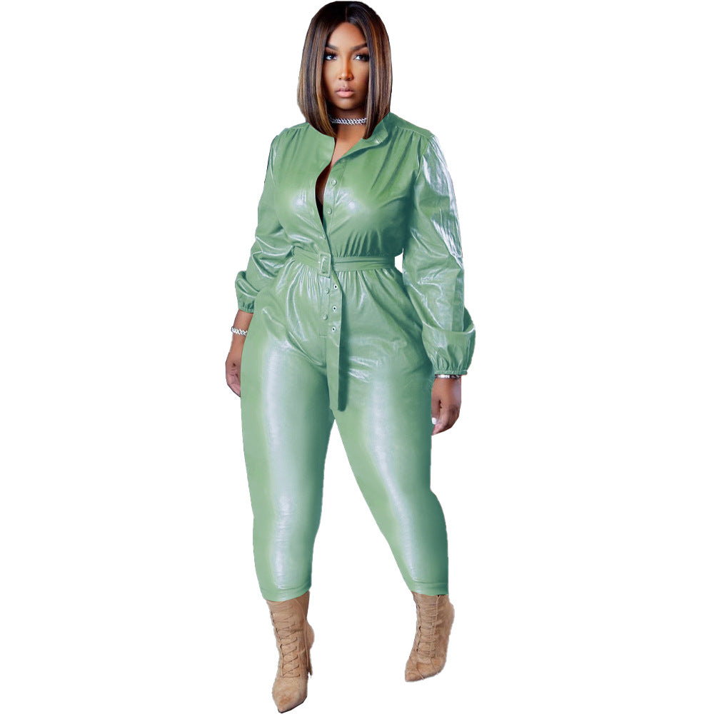 Faux Leather Button Up Waist Belt Jumpsuit