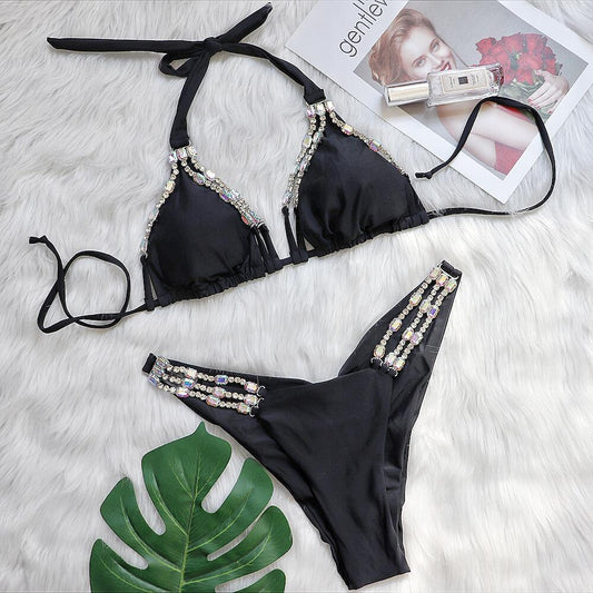 String Tie Top Rhinestone Bikini