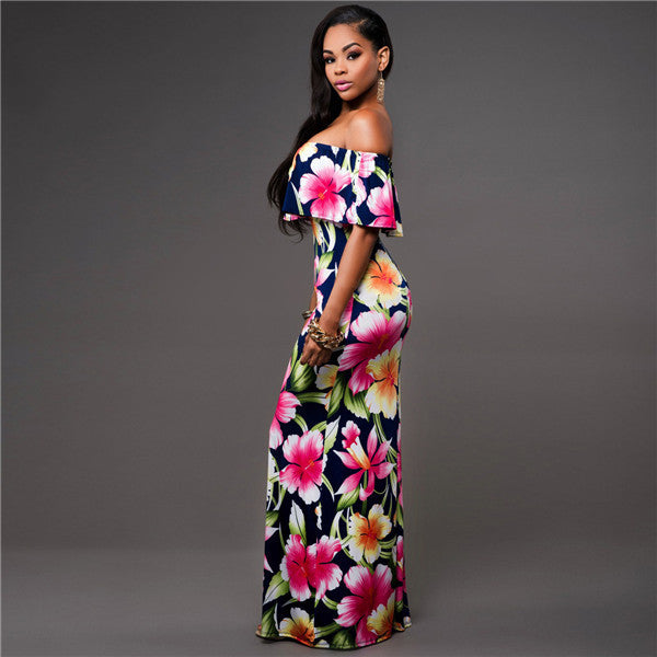 Floral/Tropical Print Off-neck Ruffled Tube Top Dress