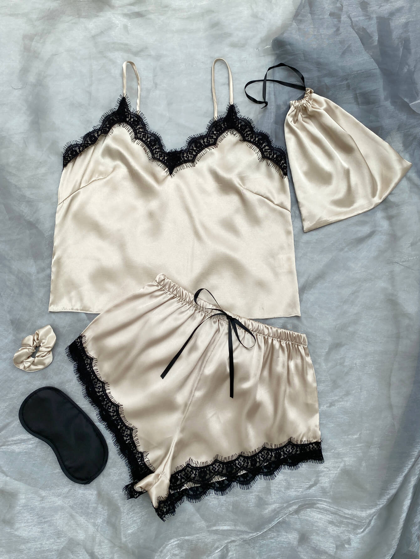 Satin Pajama Set-Lace Trim Cami, Shorts, Eye Mask, Scrunchie, and Bag