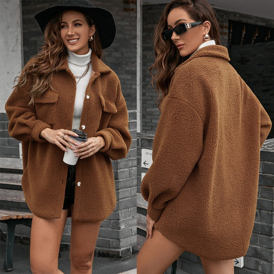 Furry Single Breasted Long Sleeve Woolen Teddy Jacket