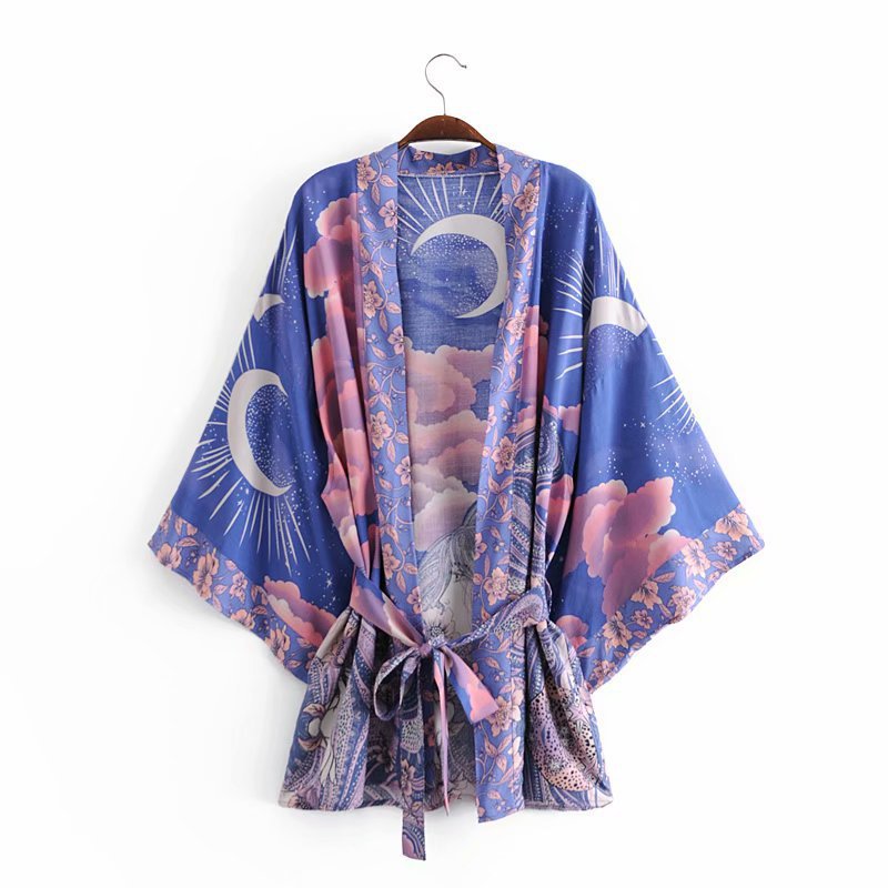 Loose Belted Moon Print Cardigan Women's Kimono