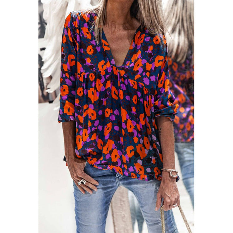 Floral Lantern Sleeve V-Neck Blouse