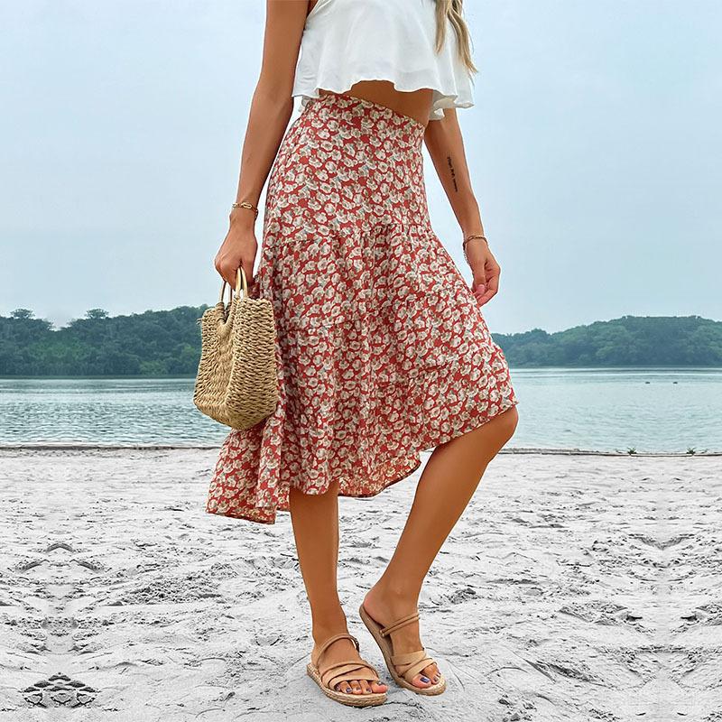 Wine Red Floral Print Skirt