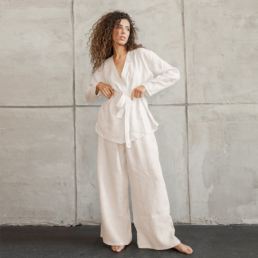 Lace Up Long Sleeve Cotton Linen Pajama Robe Set
