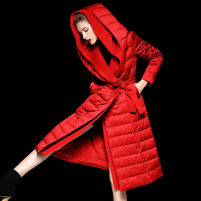 Knee High Lace Up Patchwork Hooded Down Jacket