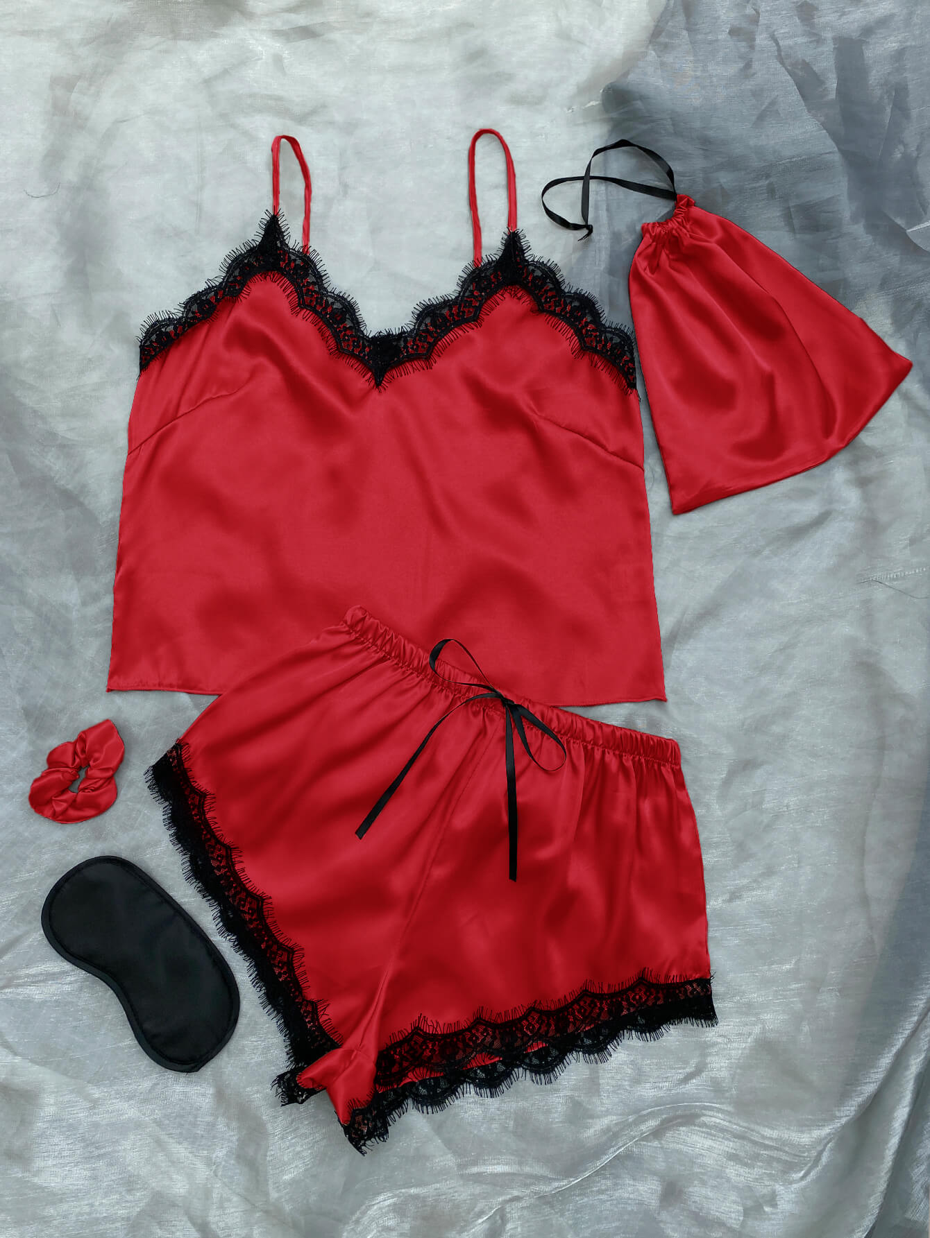 Satin Pajama Set-Lace Trim Cami, Shorts, Eye Mask, Scrunchie, and Bag