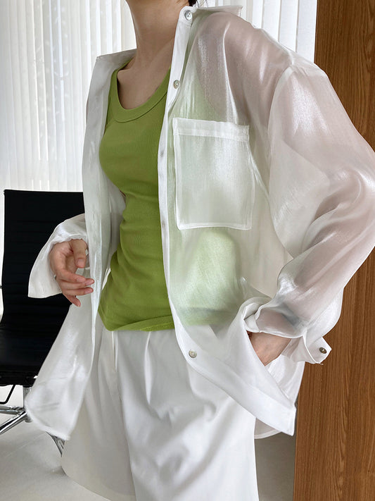 Shiny Long-sleeved See-thru Tencel Shirt