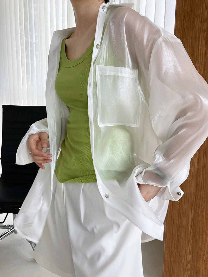 Shiny Long-sleeved See-thru Tencel Shirt