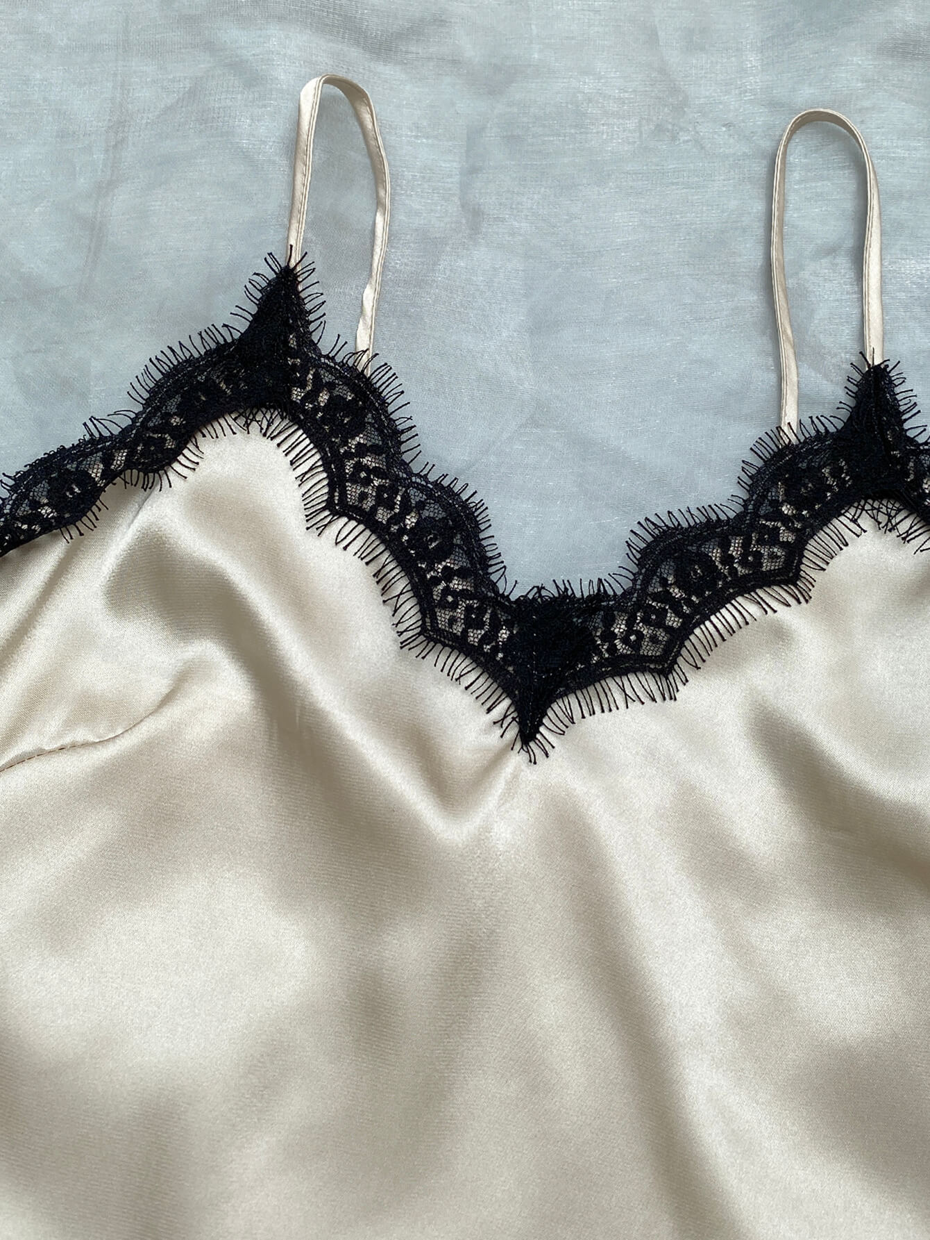 Satin Pajama Set-Lace Trim Cami, Shorts, Eye Mask, Scrunchie, and Bag