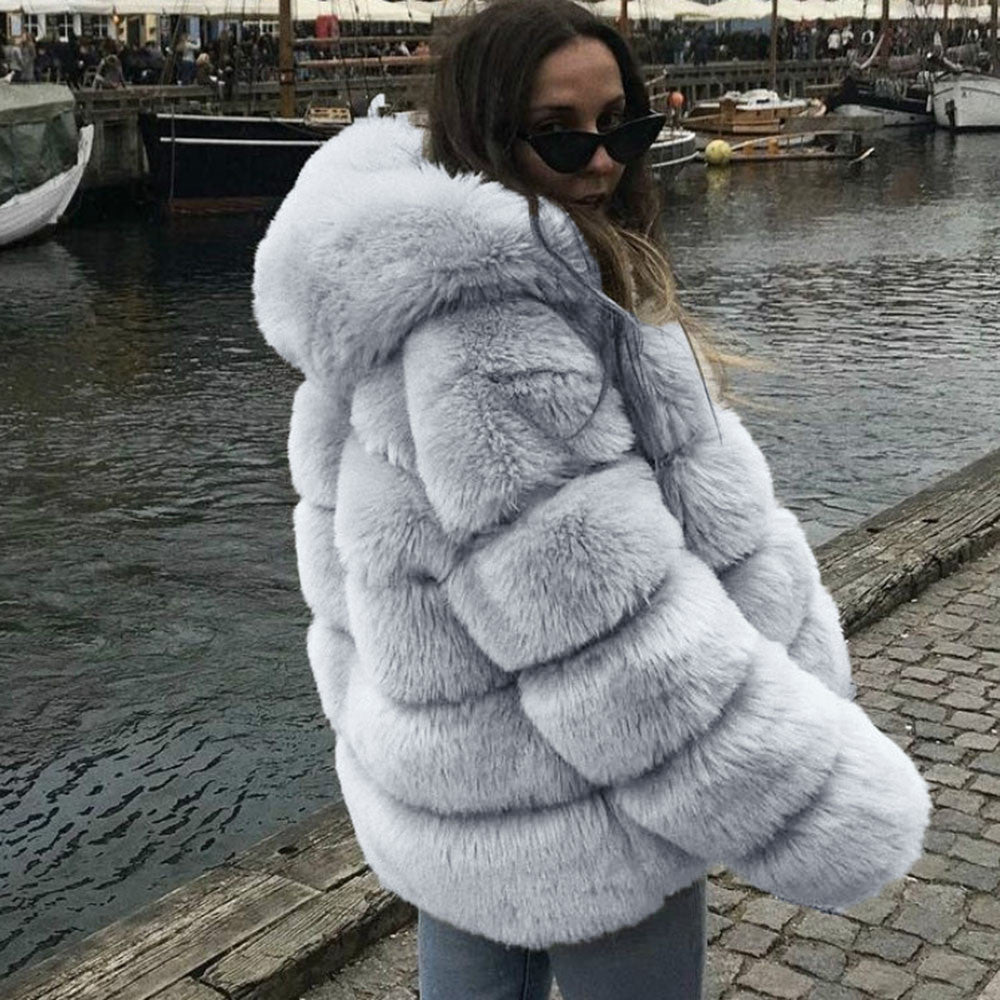 Faux Fur Puff Coat w/Hood (up to 4XL)