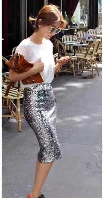 Elastic Waistband Sequined Hip Skirt