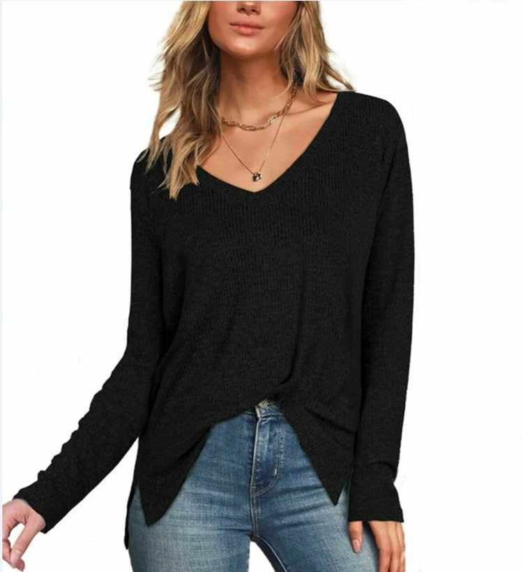 Solid Color Long Sleeve V-neck Split Shirt