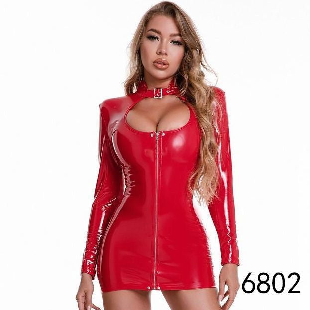 Shiny Faux Leather Long Sleeve Short Dress (up to 4XL)