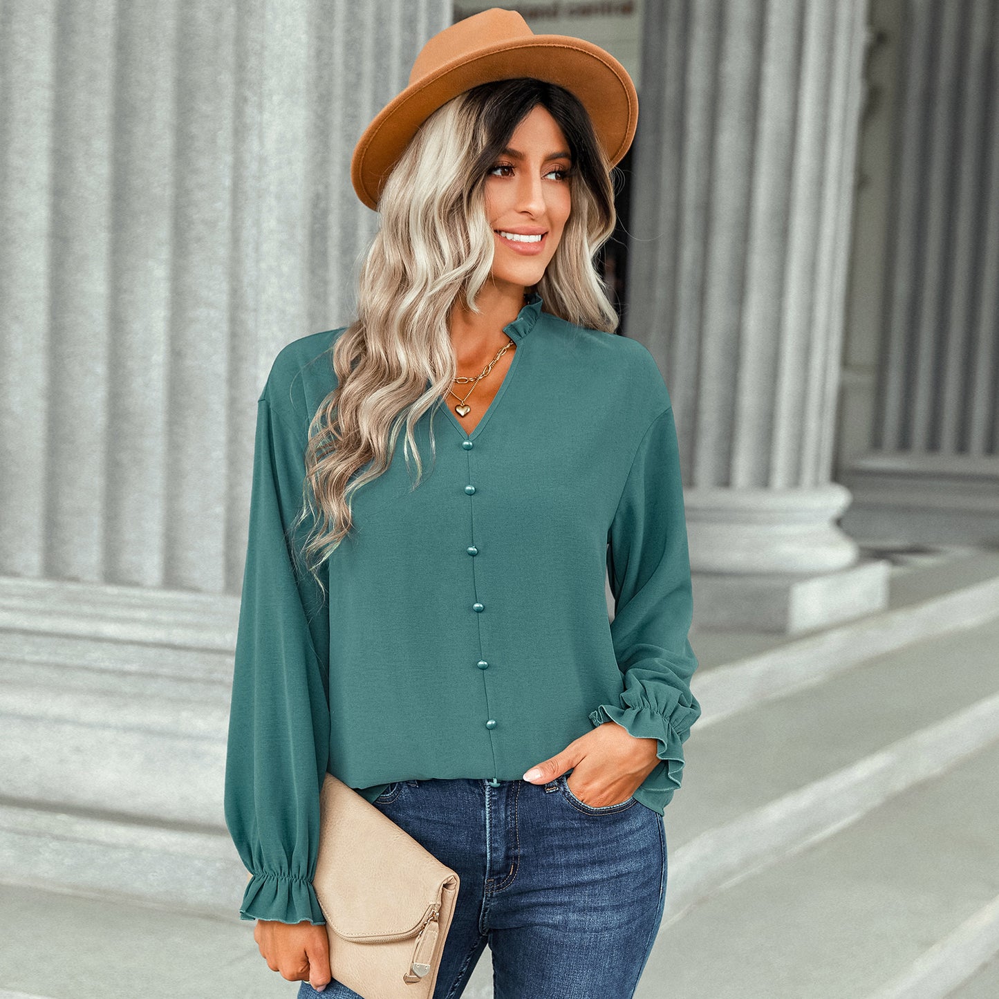 Flared Sleeve V-Neck Button-Down Shirt