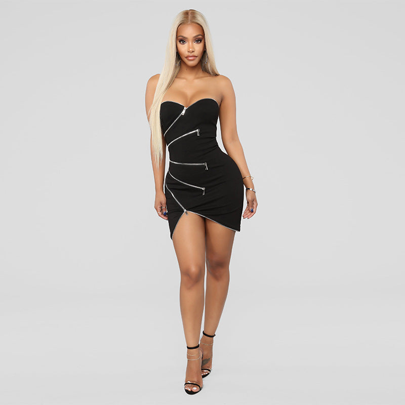 Irregular Cut Tube Top Zipper Dress