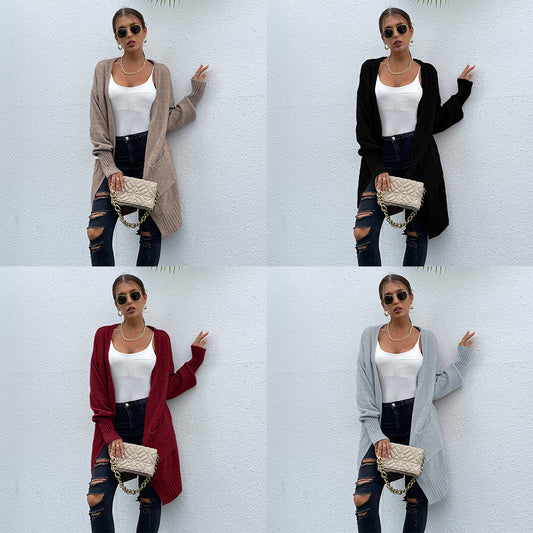 Long Loose Fitted Knitted Sweater with Pockets