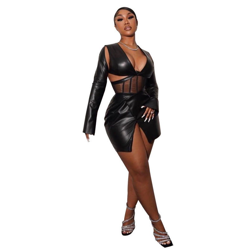 Sheath Mesh Corset Faux Leather Dress