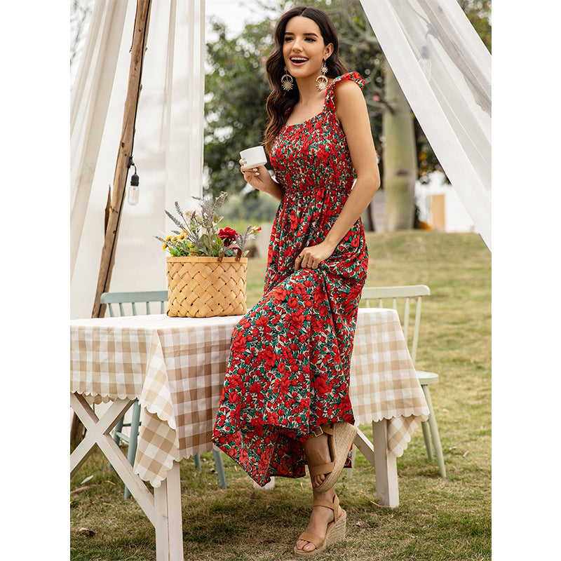 Red Floral High Waist Sleeveless Sling Dress