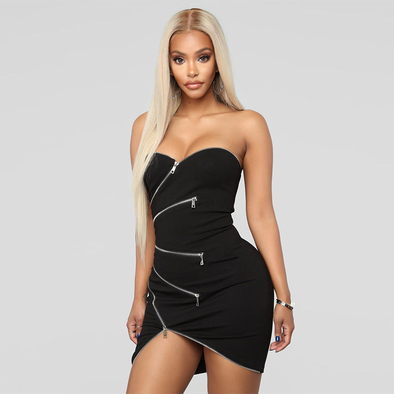 Irregular Cut Tube Top Zipper Dress