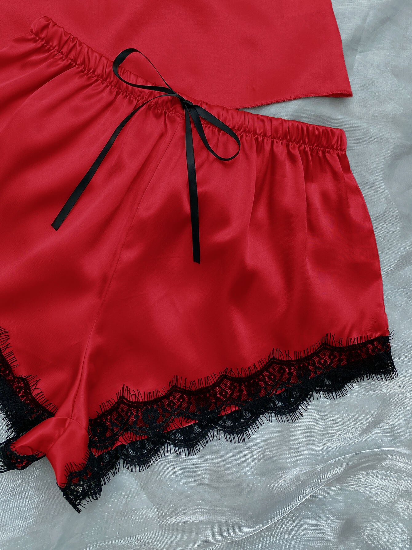 Satin Pajama Set-Lace Trim Cami, Shorts, Eye Mask, Scrunchie, and Bag