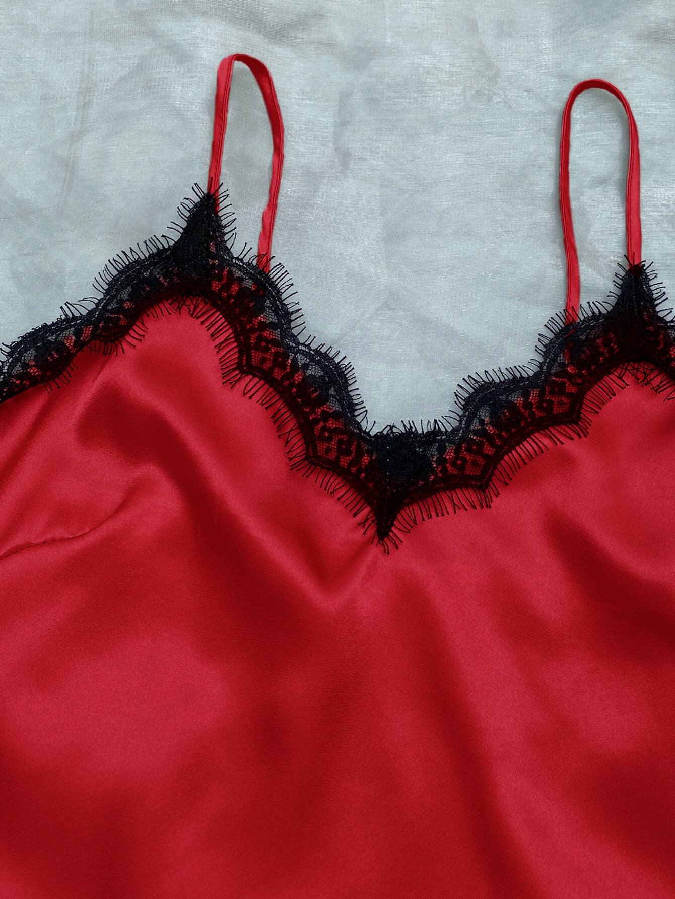 Satin Pajama Set-Lace Trim Cami, Shorts, Eye Mask, Scrunchie, and Bag