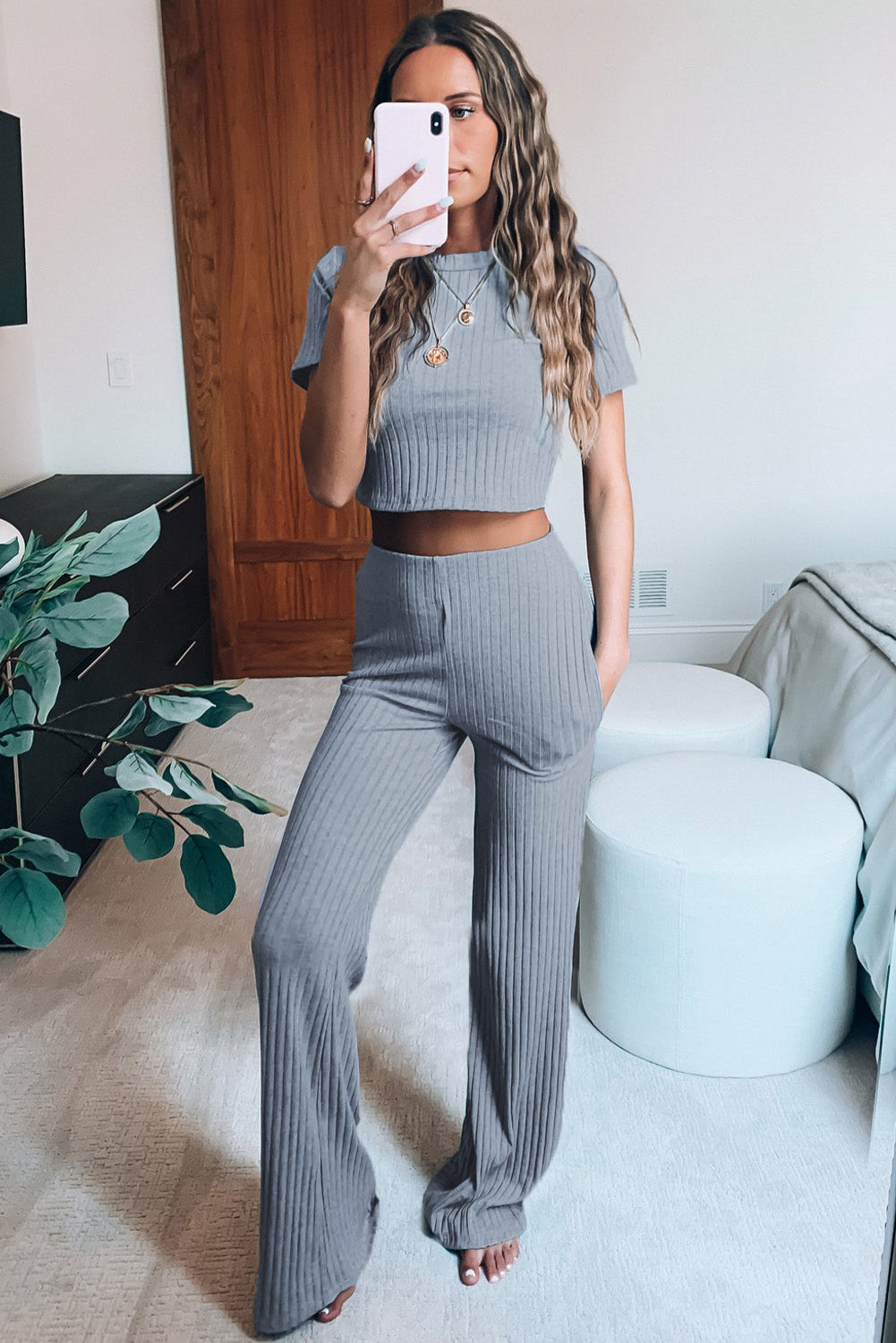 Ribbed Crop T-Shirt and Wide Leg Pants Two Piece Set