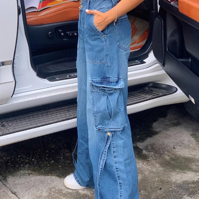 Small Waist Wide Leg Denim Blue Jeans