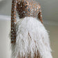 Nude Rhinestone Vertical Slit feather Dress