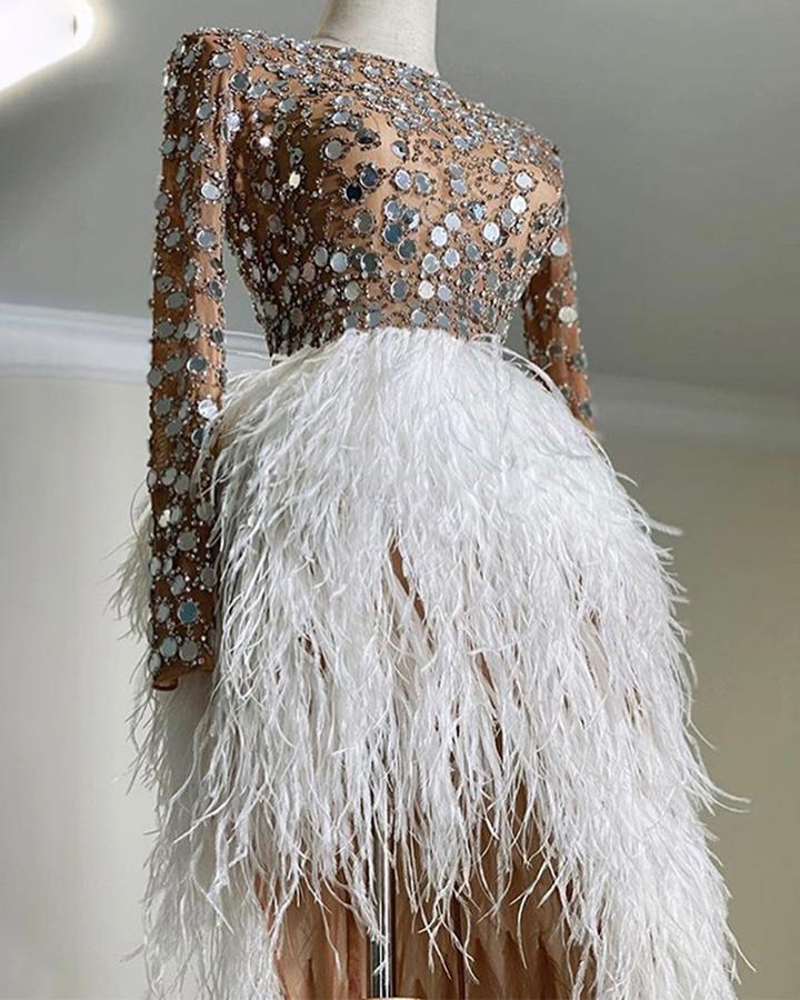 Nude Rhinestone Vertical Slit feather Dress