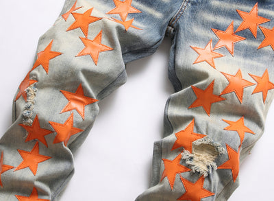 High Street Ripped Style Orange Star Patch Stretch Jeans