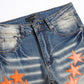 High Street Ripped Style Orange Star Patch Stretch Jeans