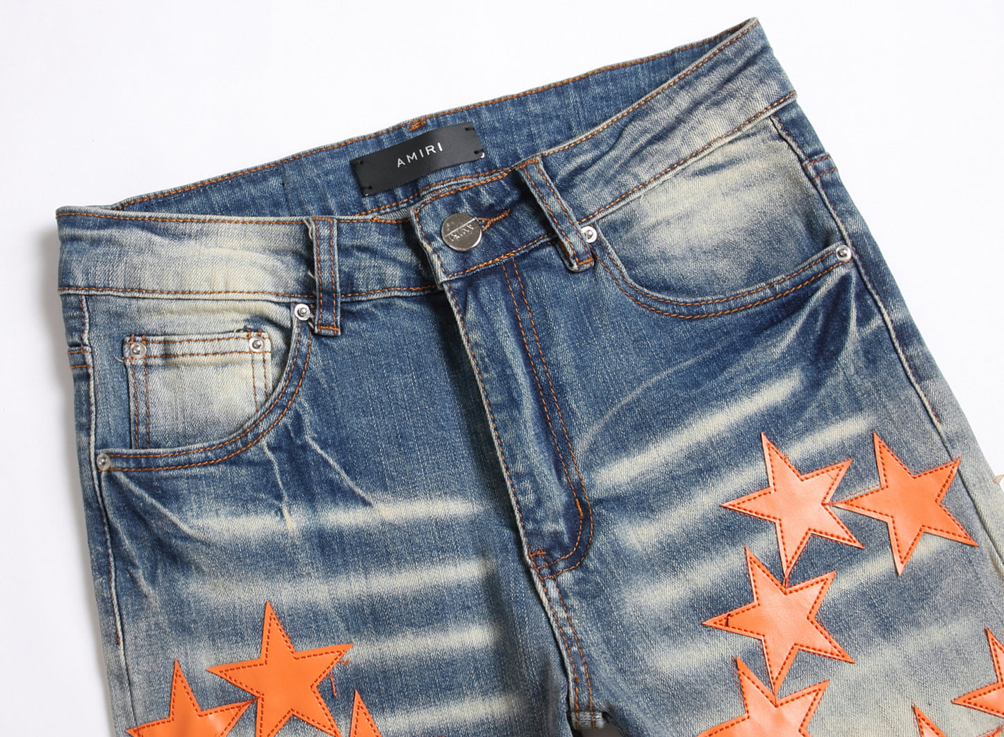 High Street Ripped Style Orange Star Patch Stretch Jeans