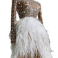 Nude Rhinestone Vertical Slit feather Dress
