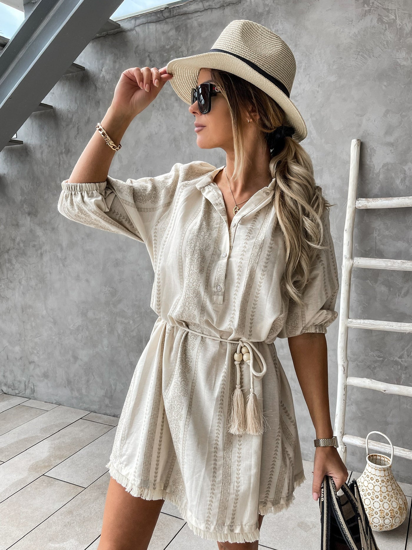 Drawstring Bohemian Dress With Fringe