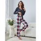 Solid Color Long Sleeve Top and Plaid Bottoms Pajama Set