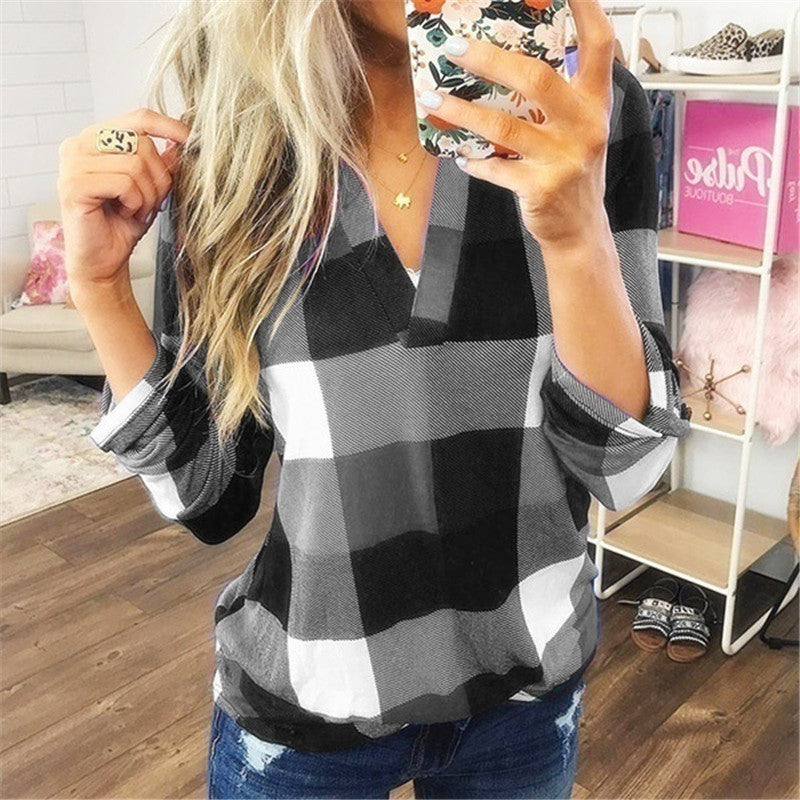Plaid Printed Long Sleeve V-Neck Shirt (up to 5XL)