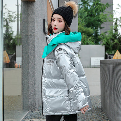 Contrast Color Shiny Hooded Down Coat