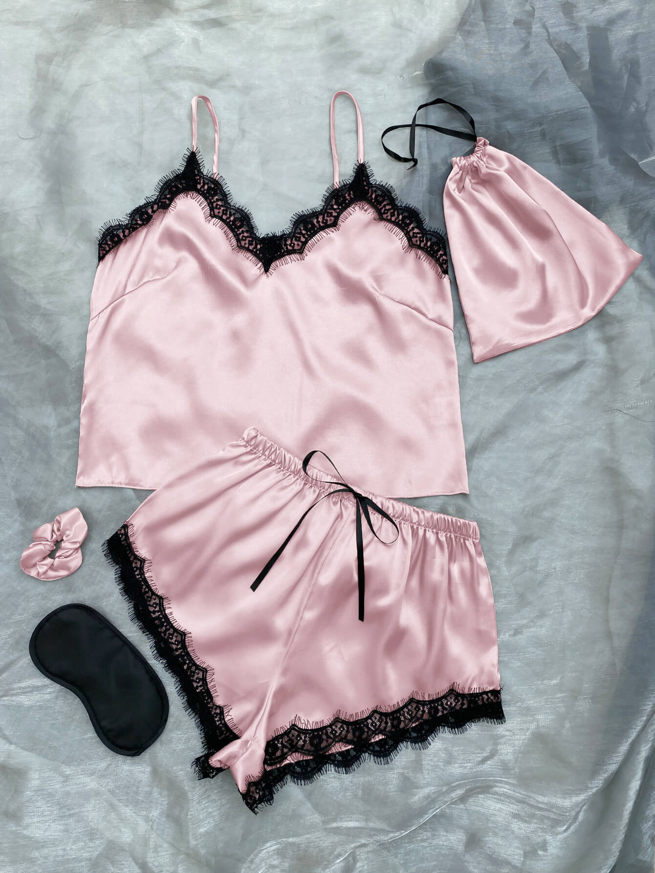 Satin Pajama Set-Lace Trim Cami, Shorts, Eye Mask, Scrunchie, and Bag
