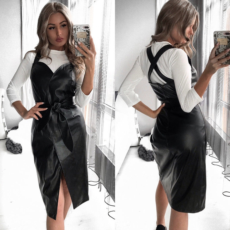 Sleeveless Faux Leather Sling Dress