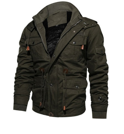 Thick Long-sleeve Washed Cotton Coat w/Hood