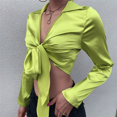Silky Deep V Tie Chiffon Top