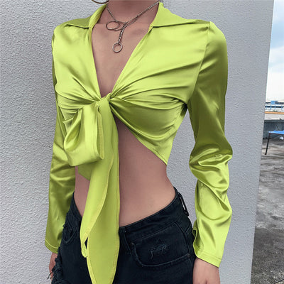 Silky Deep V Tie Chiffon Top