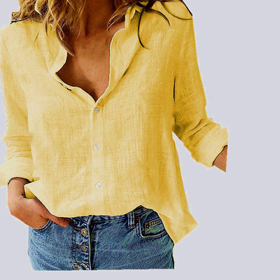Solid Color Loose Fitting Long Sleeve Linen Shirt (Plus Sizes)