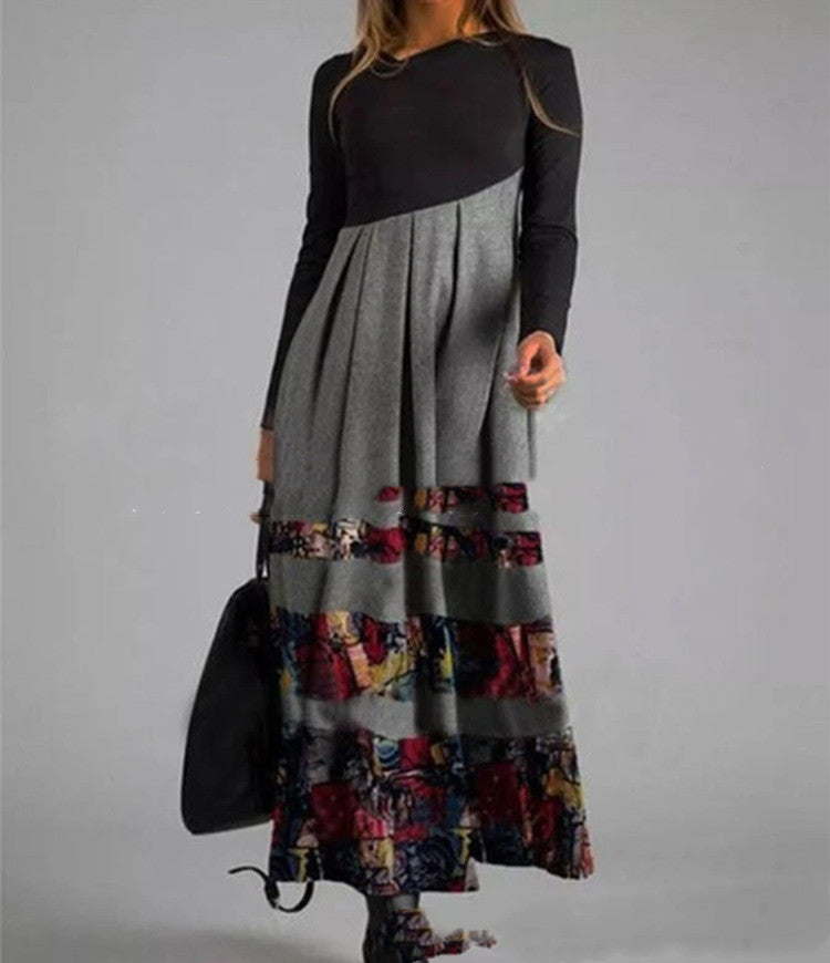 Floral Printed Long-Sleeved Long Slim Dress