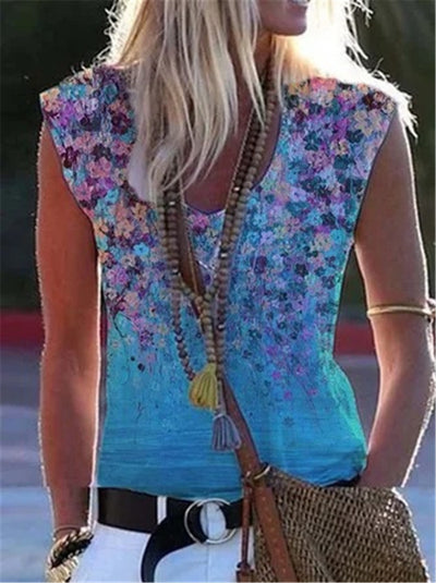 Floral Printed Sleeveless Shirt   (Plus Sizes)