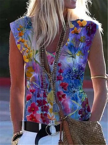 Floral Printed Sleeveless Shirt   (Plus Sizes)